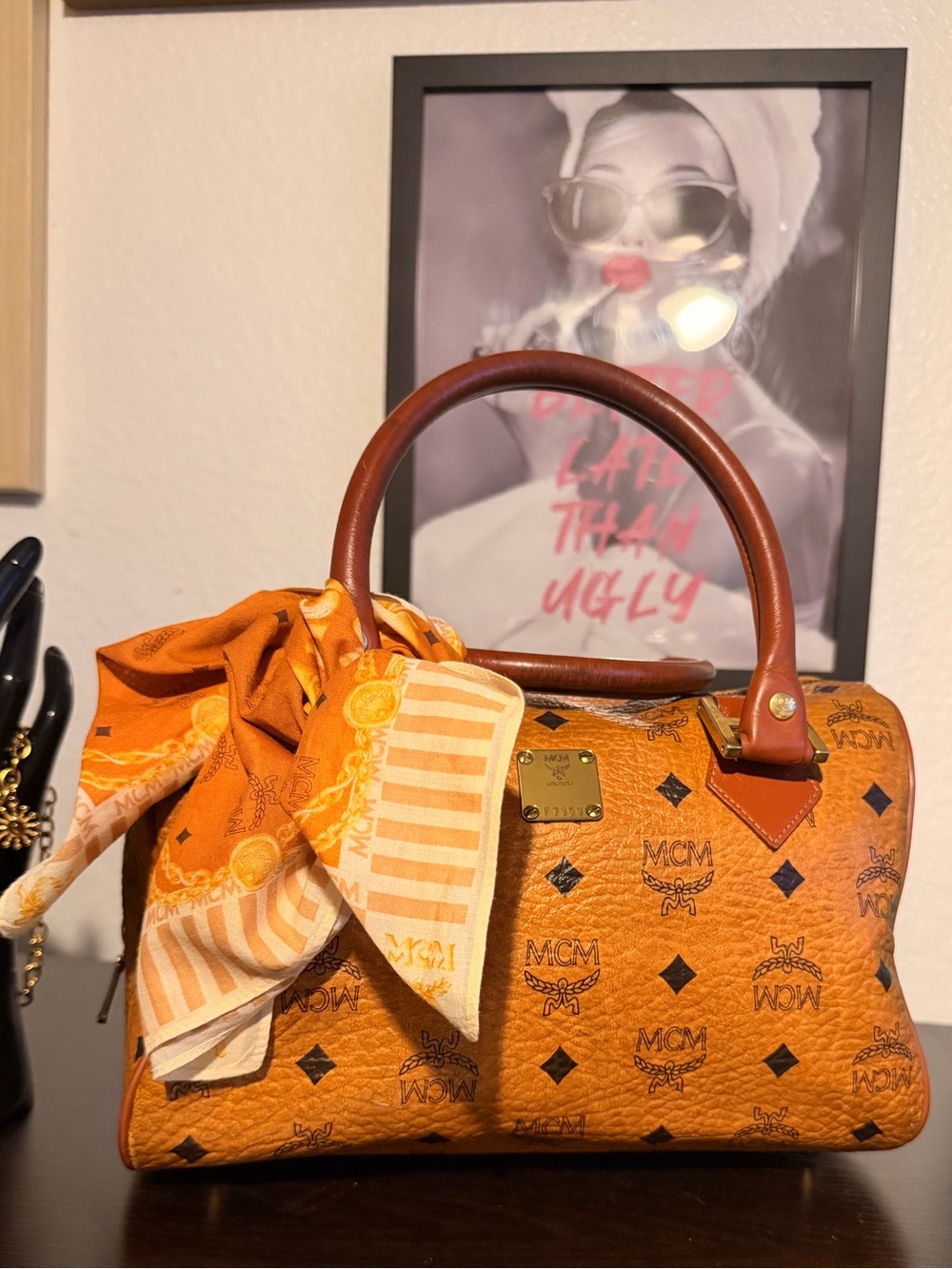 MCM Cognac Logo Visetos Satchel with Brass Hardware